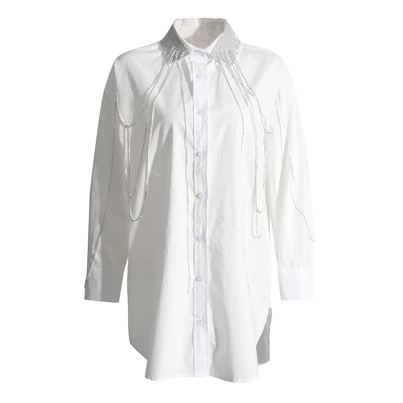 

SuperAen Autumn and Winter 2022 New Korean Lapel Casual Diamond Tassel Splicing Loose Single Breasted Design Shirt