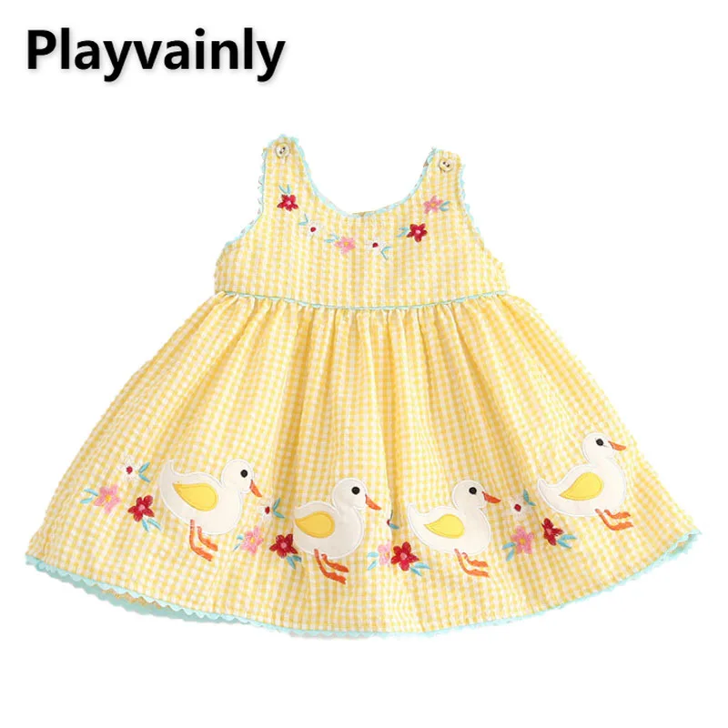 

2022 New Summer Girl Dress Yellow Plaid Cartoon Duck Print Round Collar Sleeveless Vest Princess Dress Kids Clothes E029