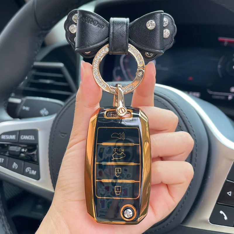 

LUNDA Leather Bow Keyring Flip 4 Button Car Key Case Cover for Kia Sportage 3 Rio 4 Ceed Optima 2020 Rio H-line XLine Cerato K4