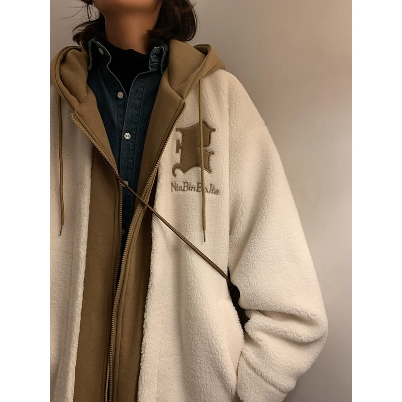 

Fashion Winter Fake Two Lamb Wool Padded Padded Coat Embroidered Jacket Men and Women Zipper Cardigan Original Style Warm Jacket
