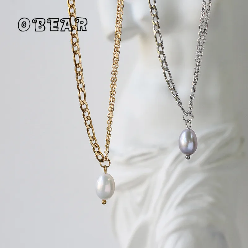 

316L Stainless Steel Natural Freshwater Pearl Pendant Splicing Chain Necklace For Women Girl New Trend Choker Clavicle Chain