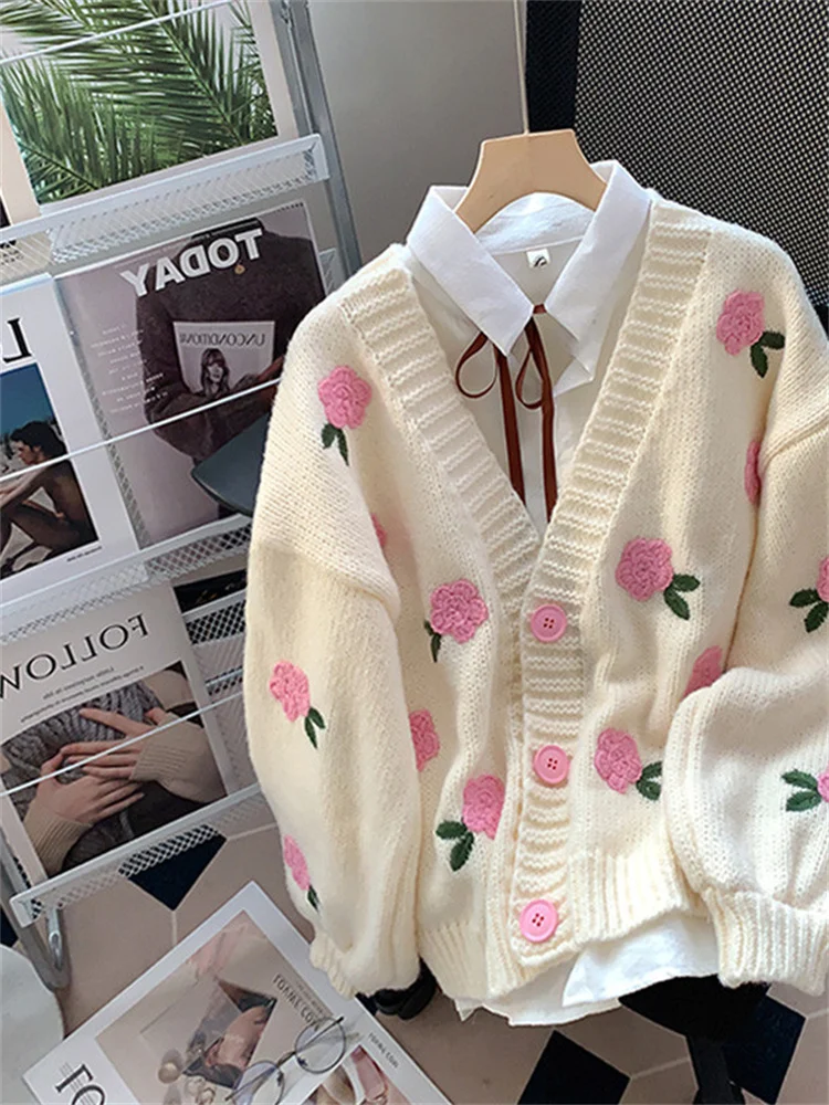 

Hsa Embroidery Flower Knitted Cardigans Women's Jacket 2022 Autumn Elegant Long Sleeve Y2K Sweater Coat Ladies Knitwear Outwear