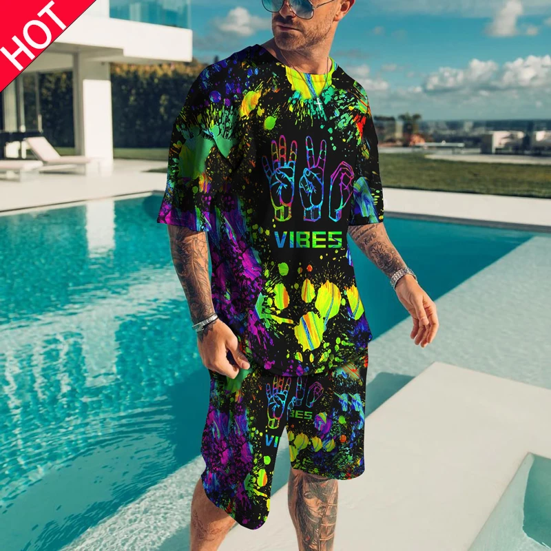 

Splatter Colorful Tracksuit Set Fashion Men's Clothing Paint Stains 3d Print Oversized T Shirt Casual Men Sets Short Outfits