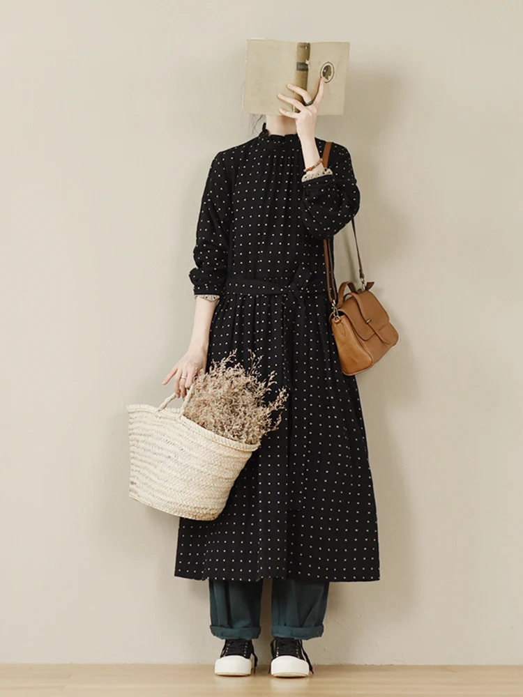 

95-106cm Bust, 110-120cm Length, Spring Autumn Women Loose Polka Dots Comfy Breathable Water Washed Cotton Linen Long Dresses