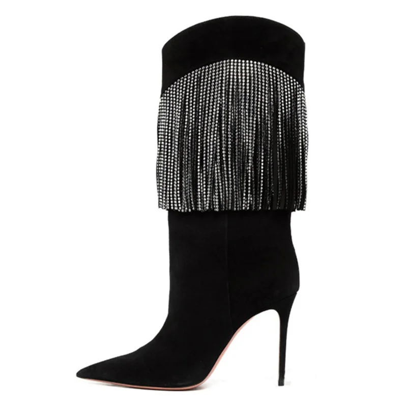 Luxury Diamonds Tassels Women Custom Knee High Boots Sexy Pointy toe Stiletto Heels Shoes Fancy Suede Long Women Booties