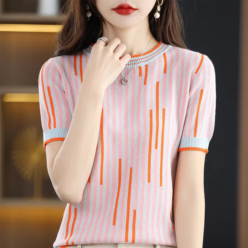 

Women's short-sleeved sweater T-shirt Spring women's pullover O-neck short-sleeved casual T-shirt 100% wool knitted sweater top