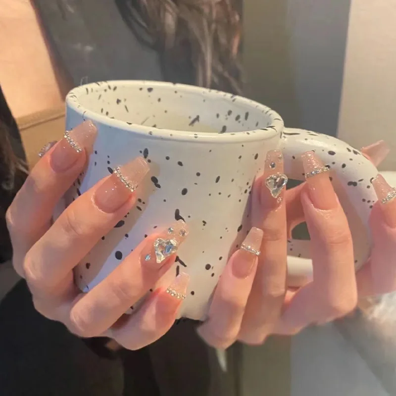 

24Pcs Ballerina Glitter Nail Tips Long False Nails Square Fake Nails Pearl Love Rhinestone Design Wearable Press on Nails