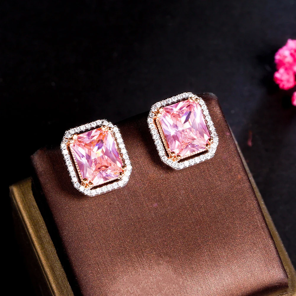 

ThreeGraces Stunning Pink Cubic Zirconia Simple Big Geometric Square Stud Earrings for Women Fashion Summer Party Jewelry E887