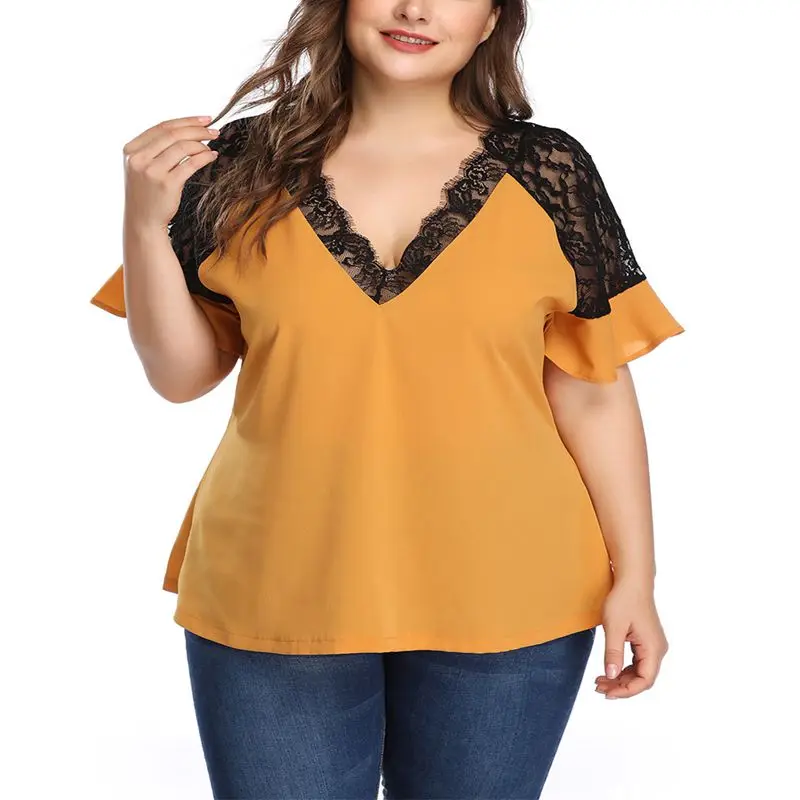 Фото Новая летняя модная футболка больших размеров 4XL, 5XL, 6XL, качественная женская футболка с коротким рукавом, сексуальная повседневная футболка с v-образным вырезом и кружевной строчкой №3