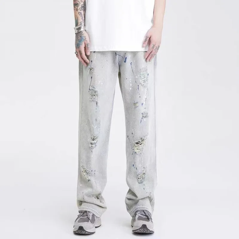 Four Seasons Men's Jeans American High Street Hole Retro Splattered Loose Y2k Pants Men's Korean Fashion Street Men's Aesthetic