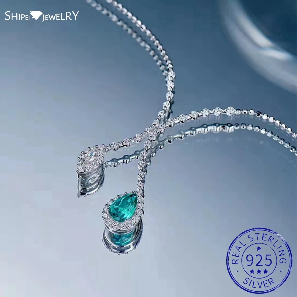 

Shipei 100% 925 Sterling Silver Pear Cut Created Moissanite Paraiba Tourmaline Gemstone Pendant Necklace For Women Fine Jewelry