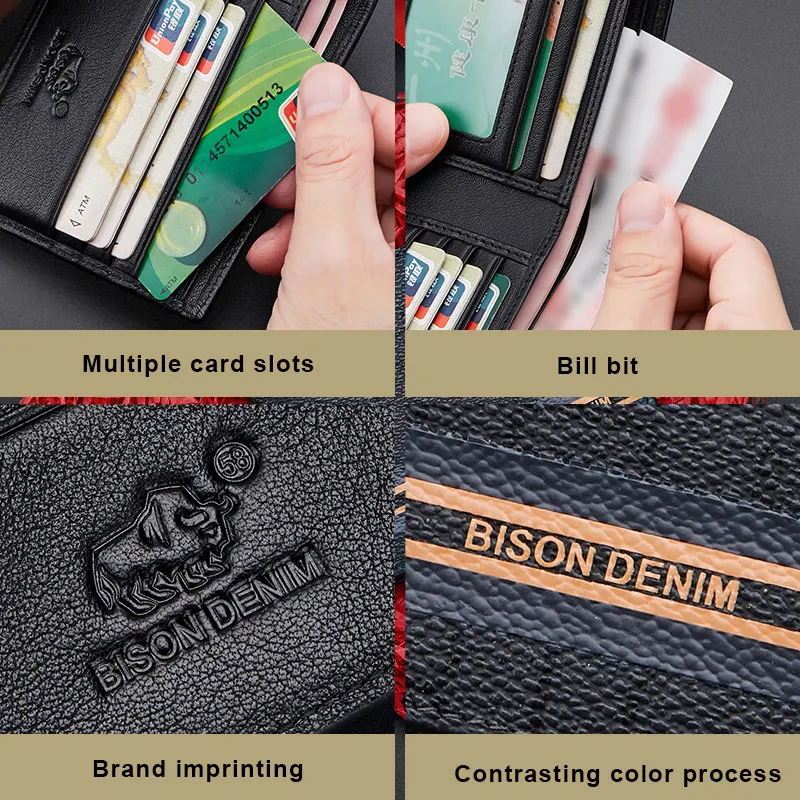 BISON DENIM New Design Short Men Wallets Luxury Genuine Leather Card Holder Coin Pocket High Quality Gift For Husband Father