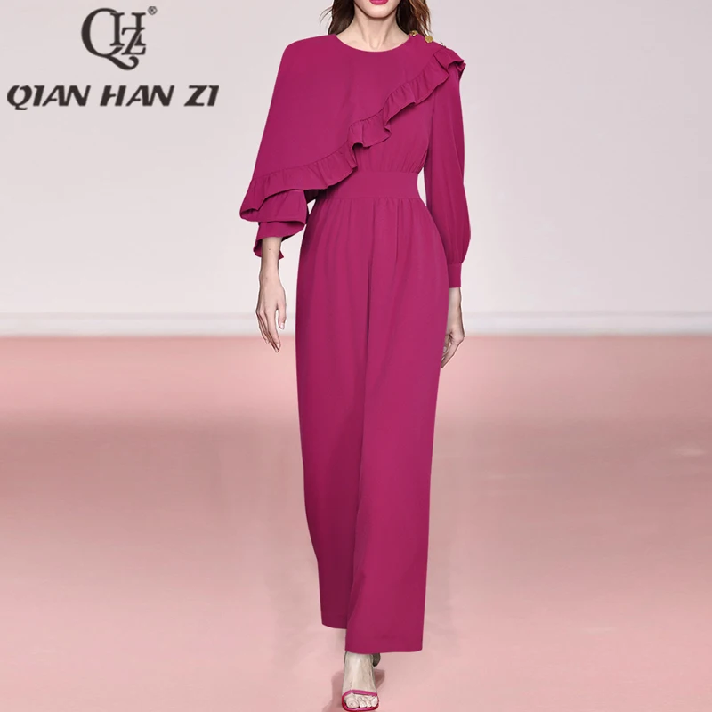 Qian Han Zi new designer fashion woman jumpsuit 2022 Long Sleeve Ruffle Cape Slim Waist Wide Leg Pants Trousers Retro Jumpsuit