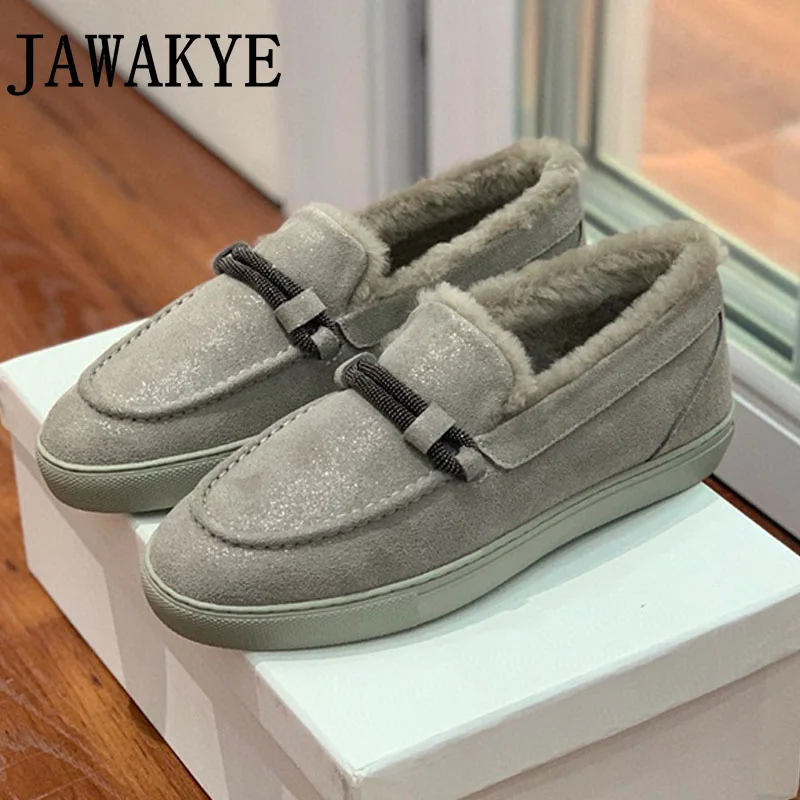 Зимние теплые женские лоферы на плоской подошве с круглым носком женская