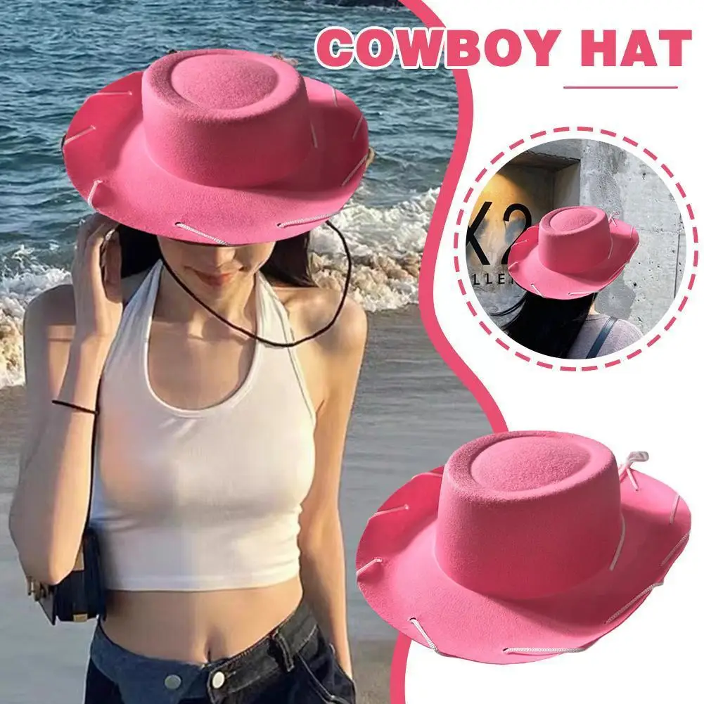 

Ковбойская шляпа в западном стиле, розовая, стандартная, с большими полями, ковбойская шляпа в западном стиле, фетровая шляпа в крупном ковбойском стиле, реквизит Q6D0