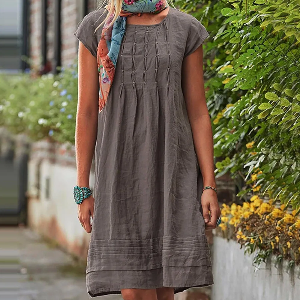 

Summer New Women's Clothing Recommended Short Sleeve Round Neck Fashion Temperament Casual Straight Simple Solid Color Dress