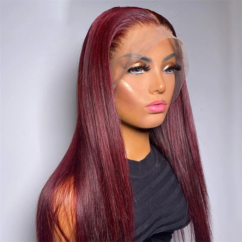

26Inch Burgundy Long Straight 99J Synthetic Lace Front Wig For Women With Baby Hair Daily 180 Density Cosplay Glueless