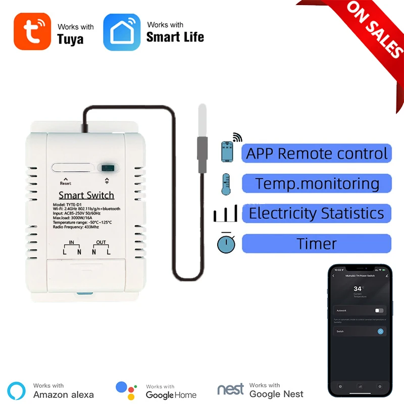 

AUBESS Mart Wifi Switch 16A/3000W Monitoring Temperature Wireless Home Automation Kit With Waterproof DS18B20 Temperature Sensor