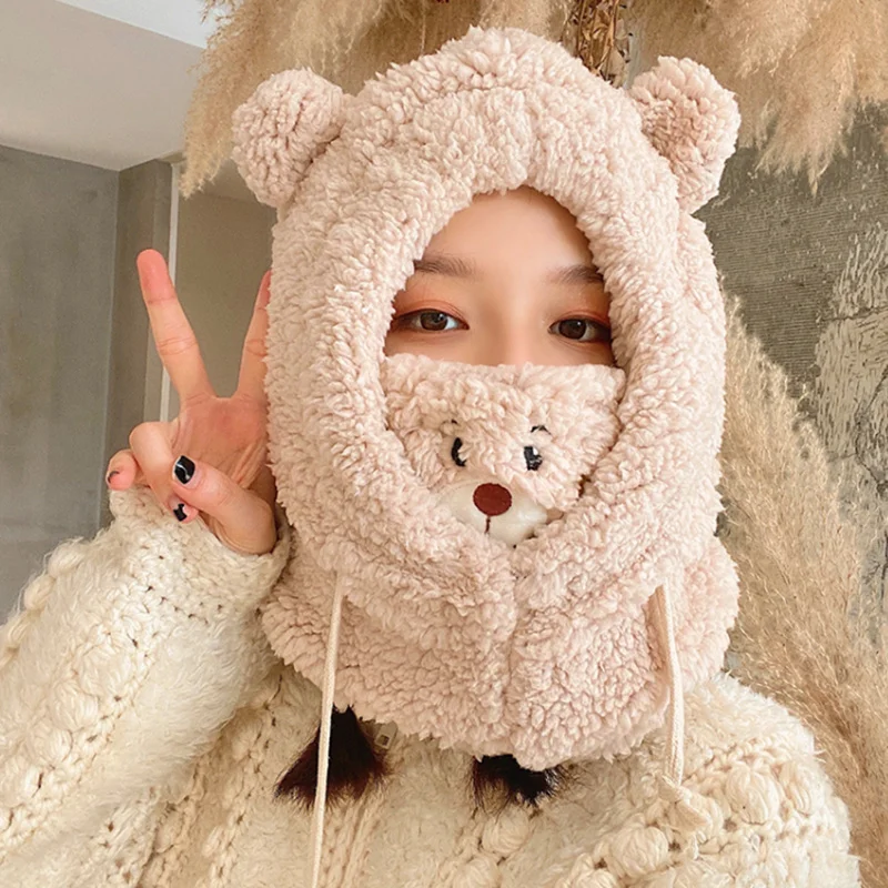 

Cartoon Bear Ear Lamb Beanie Hat with Mask Warm Balaclava Winter Thickened Ear Protection Autumn Skullies Beanies for Women Girl