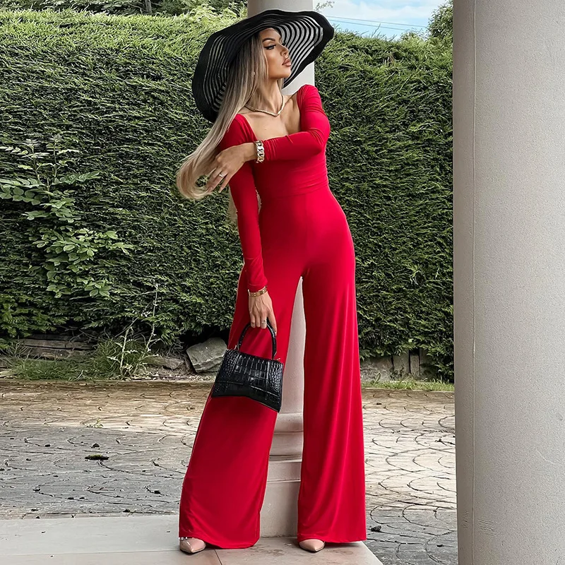 

Женский комбинезон с длинным рукавом, элегантный комбинезон с квадратным вырезом и открытой спиной, комбинезоны с широкими штанинами и кол...