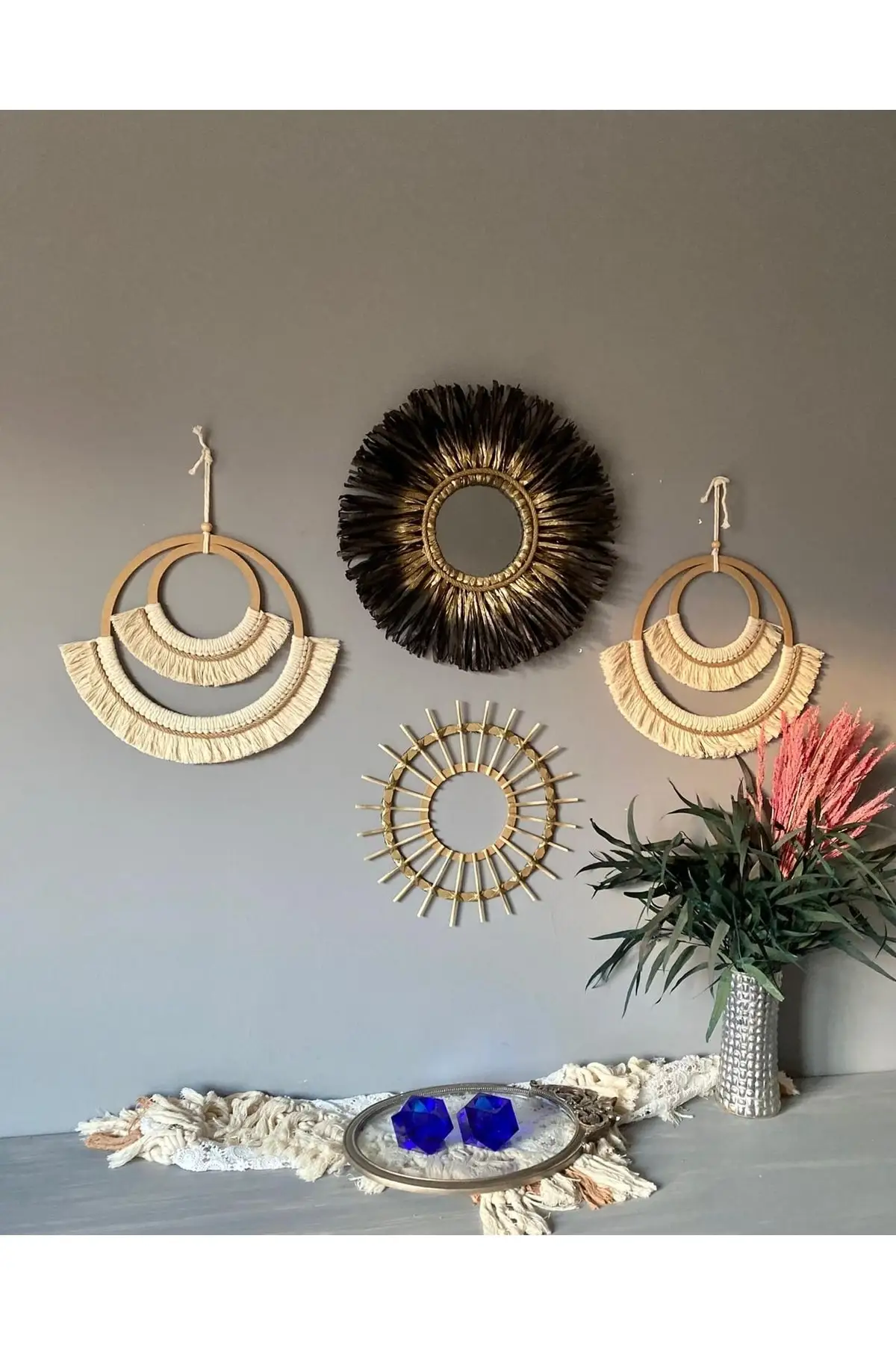 

Macrame Wall Hanging Shelf Handmade Wall Decoration Art Premium Raffia And Macrame Set of 4 Home Decor