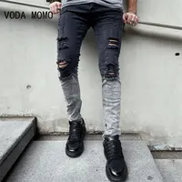 Men Jeans Knee Hole Ripped Stretch Skinny Denim Pants Solid Color Black Blue Autumn Summer Hip-Hop Style Slim Fit Trousers