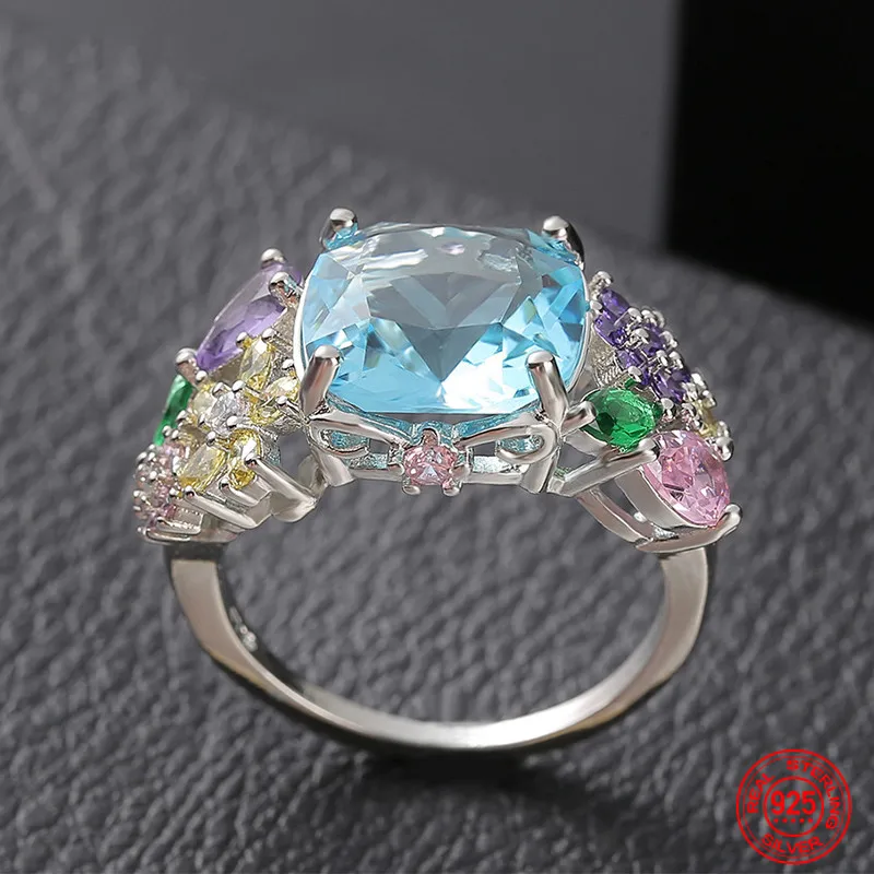 

925 Sterling Silver Colorful Square Gemstone Ring For Women Fashion Glamour Gift Wedding Jewelry