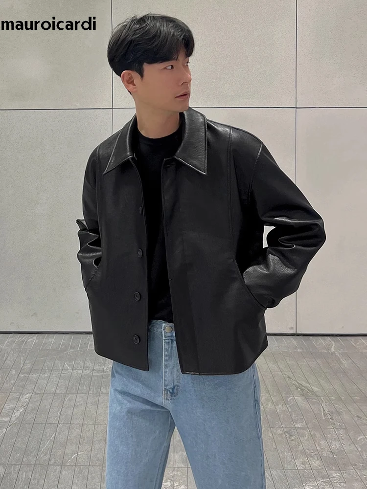 

Mauroicardi Spring Autumn Cool Short Black Pu Leather Jacket Men Long Sleeve Loose Casual Korean Fashion 2023