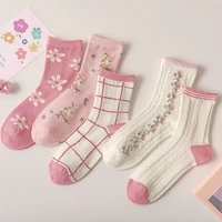 girls socks cartoon flower stockings pink middle tube sweet little floral cute student japanese fashion