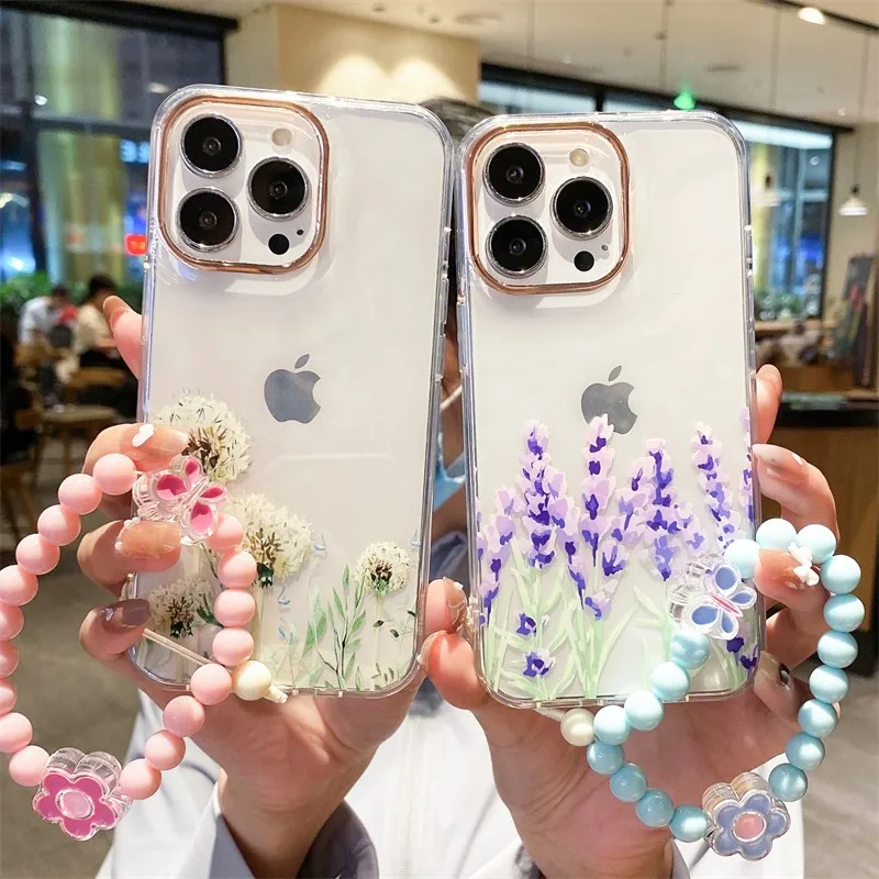 

Fashion Color Bead Wristband Lanyard Clear Dandelion Flowers Female Phone Case For Iphone 13 12 11 Pro Max Soft Case Back Cover