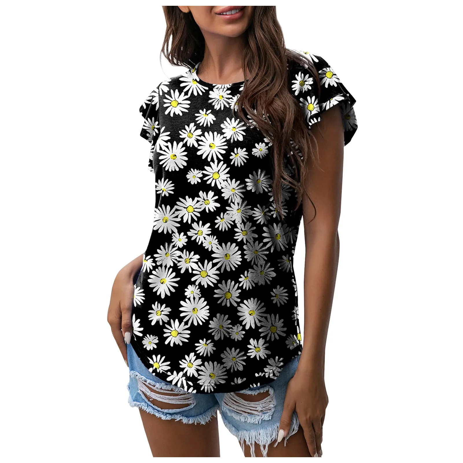 

Женская свободная футболка с оборками и коротким рукавом, топ, вязаные футболки с коротким рукавом, Женские однотонные футболки, женские ле...