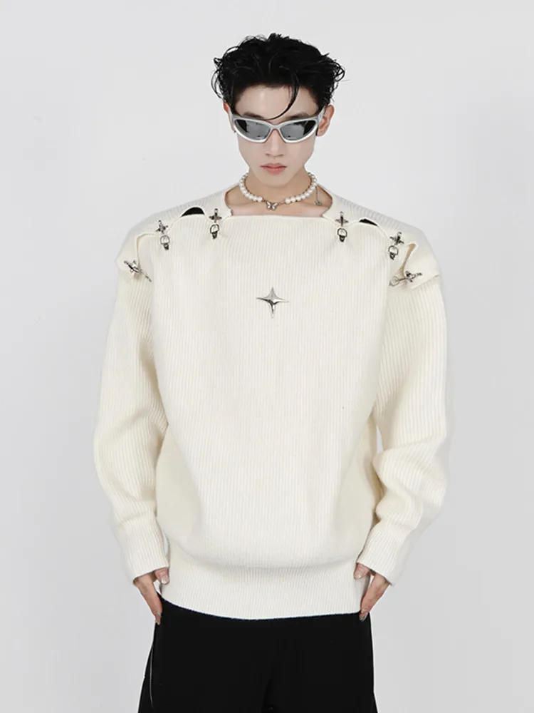 IEFB Men's Knitted Sweater New Autumn Winter Korean Fashion Metal Buckle Hollow Out Design 2023 Solid Color Male Tops 9A5467