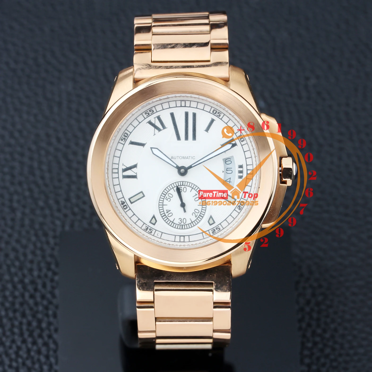 

W7100018 Automatic Mens Watch Rose Gold Silver Dial Black Roman Stainless Steel Bracelet Puretime Clone 2023 Top Brand Luxury