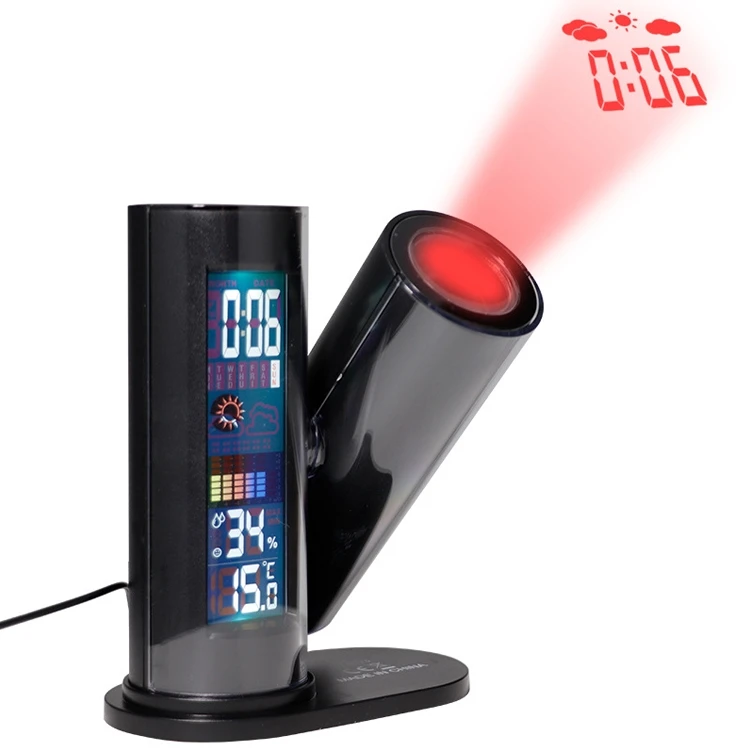

New design backlight alarm EU TS-E03 360 degrees rotate lcd display weather multifunctional smart digital projection clock