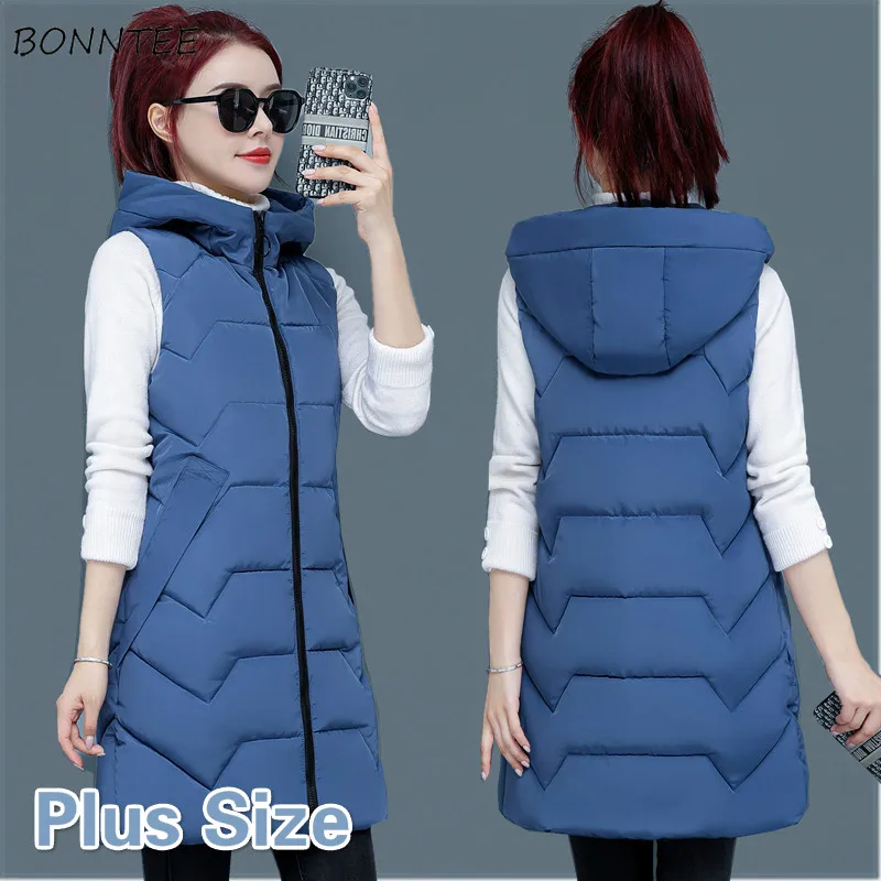 

Long Style Vests Women Fashion 4XL Simple Elegant Warm Slim Zipper Hooded Warm Female Outwear All-match Fall Spring Clothing Ins