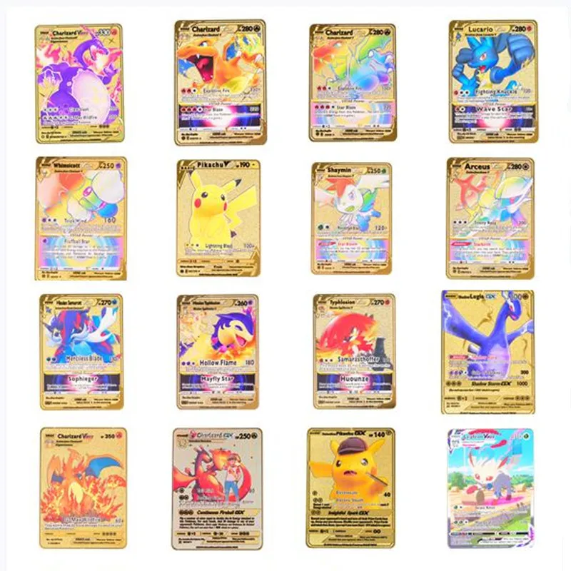 

English Pokemon Card Gold Metal Card Hard Mewtwo Pikachu Charizard Gx Vmax Dx Pack Game Collection Gift Psyduck Squirtle