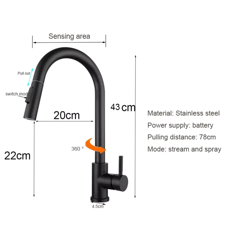 

Matte Black Touch Kitchen Faucet Cold and Hot Pull Out Two Function Deck Mounted Smart Sensor Sink Tap