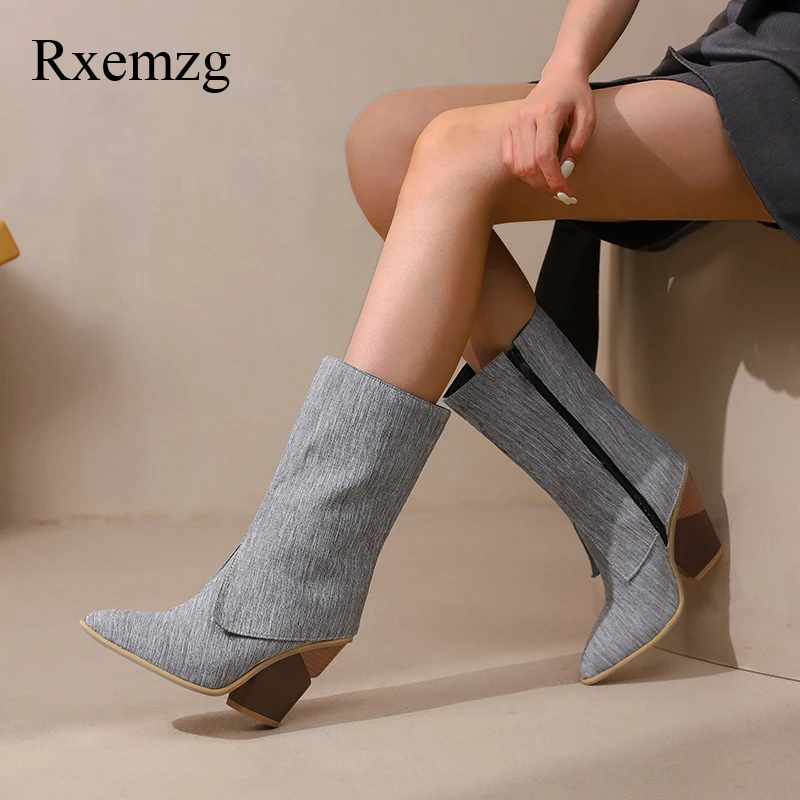 

Rxemzg Fashion Ladies Mid-Calf Chunky High Heels Women`s Cowboy Boots Pointed Toe Solid 2024 Plus Size Vintage Woman Ankle Boots