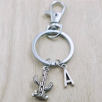 cactus plant keyring letter car key chain ring lobster clasp initial charm women jewelry accessories pendants metal