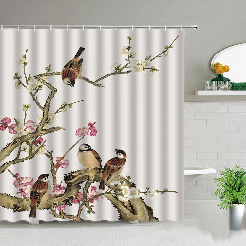 

Занавеска для душа с изображением бабочек и цветков персика