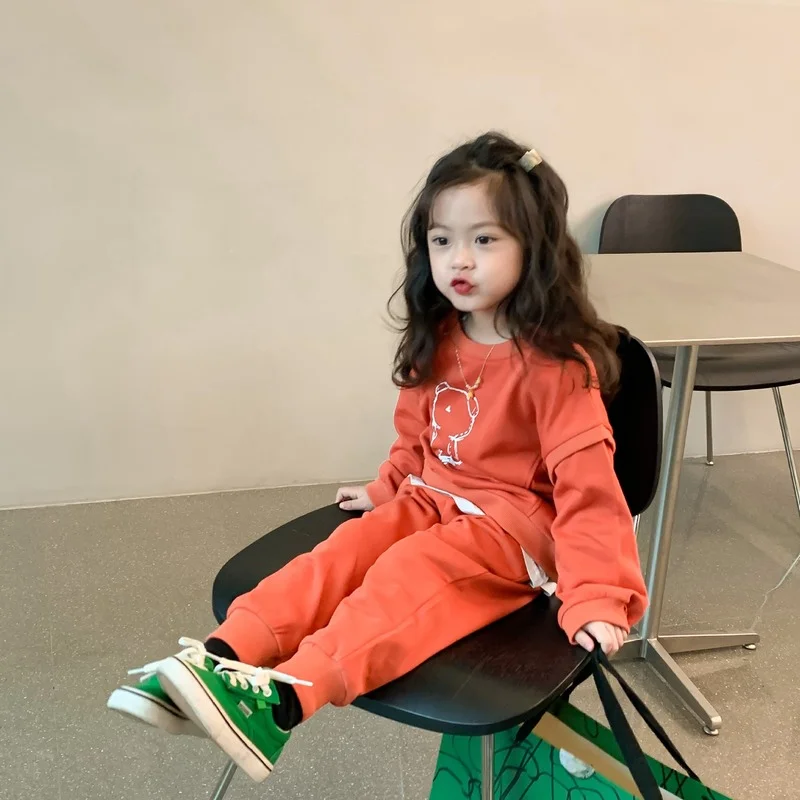 

Spring cute Girls cartoon bear clothes sets Kids round neck sweatshirts and sweatpants 2pcs set