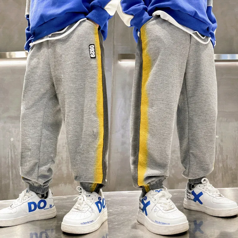 

Boys Sport Pants Korean 2022 Spring Fall Side Striped Trousers Grey Casual Cotton Teen Sweatpants Children Clothes 4-14Years Old