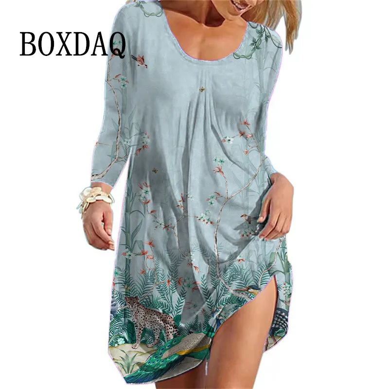 

2022 Autumn Sundress Casual Vintage 3D Cartoon Print Oversized Women Dresses Street Female Long Sleeve O-neck Loose A-Line Dress