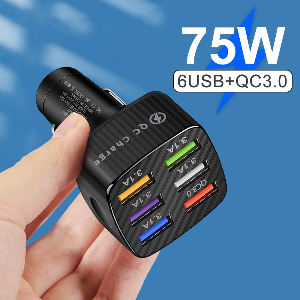 

75W 6 USB Car Charger Fast Charging 15A Phone Charger For iPhone 13 12 Pro Samsung Xiaomi Huawei Mobile Phone Charger