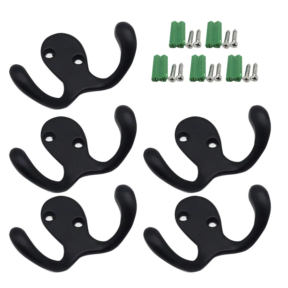 

5pcs Robe Hook Wall Mounted Door Space Saving Zinc Alloy Towel Holder For Bathroom Bedroom Double Prong Home Decor Accessories