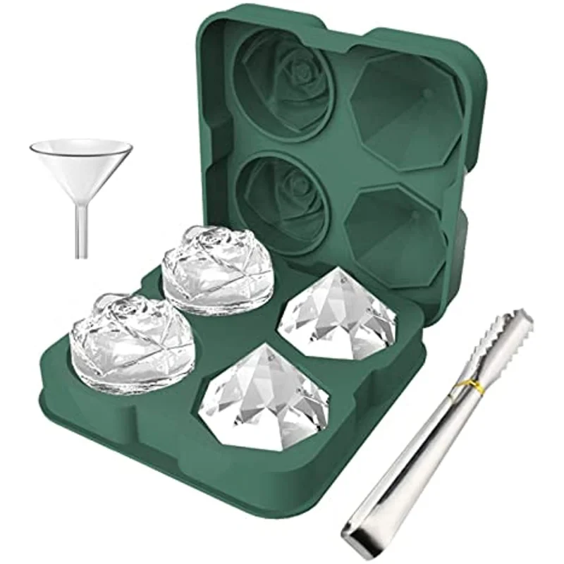 

Ice With For Ball Funnel & Rose 4 Silicone Tray Cube Ice Cube Freezer Making Mold Reusable Ice Grids Diamond Maker Transparent