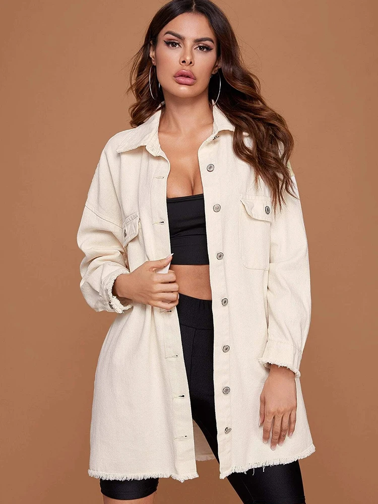 

Ailegogo New Spring Autumn Loose Single Breasted Denim Jacket Streetwear Female Raw Hem Coat Ladies Outwear Tops