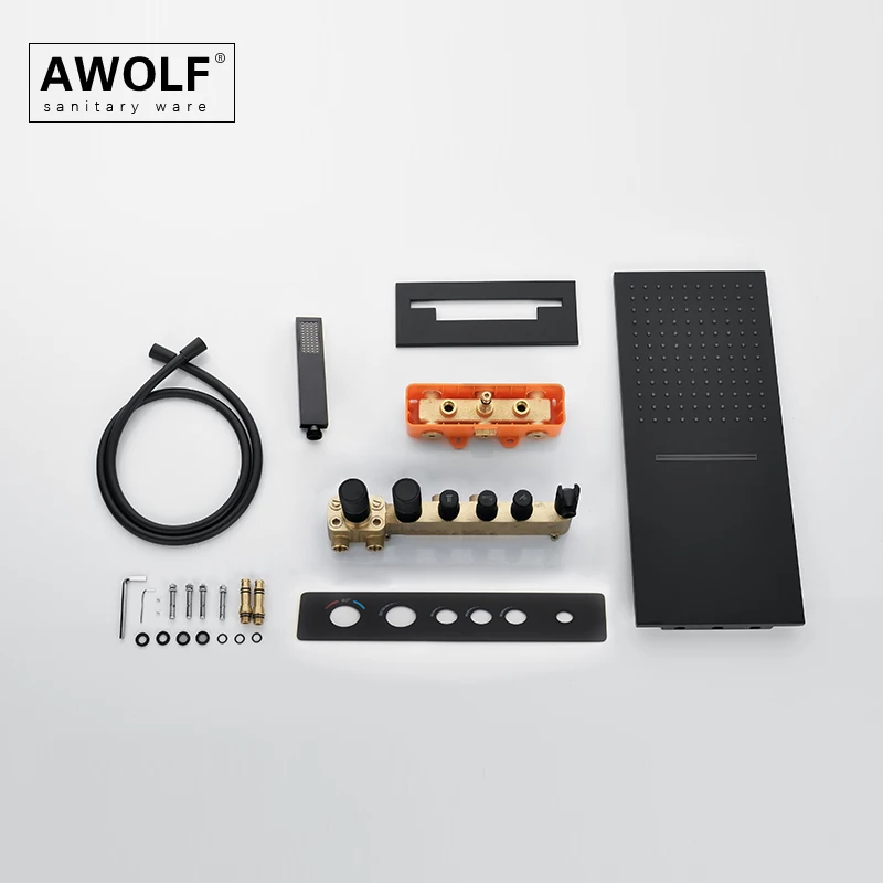 Термостатическая Душевая система Awolf AH3063, черная, белая, твердая, латунь, настенное крепление, встраиваемый хромированный, для ванной комнат... (art.: 3920c0890ff97) - 3920c0890ff97