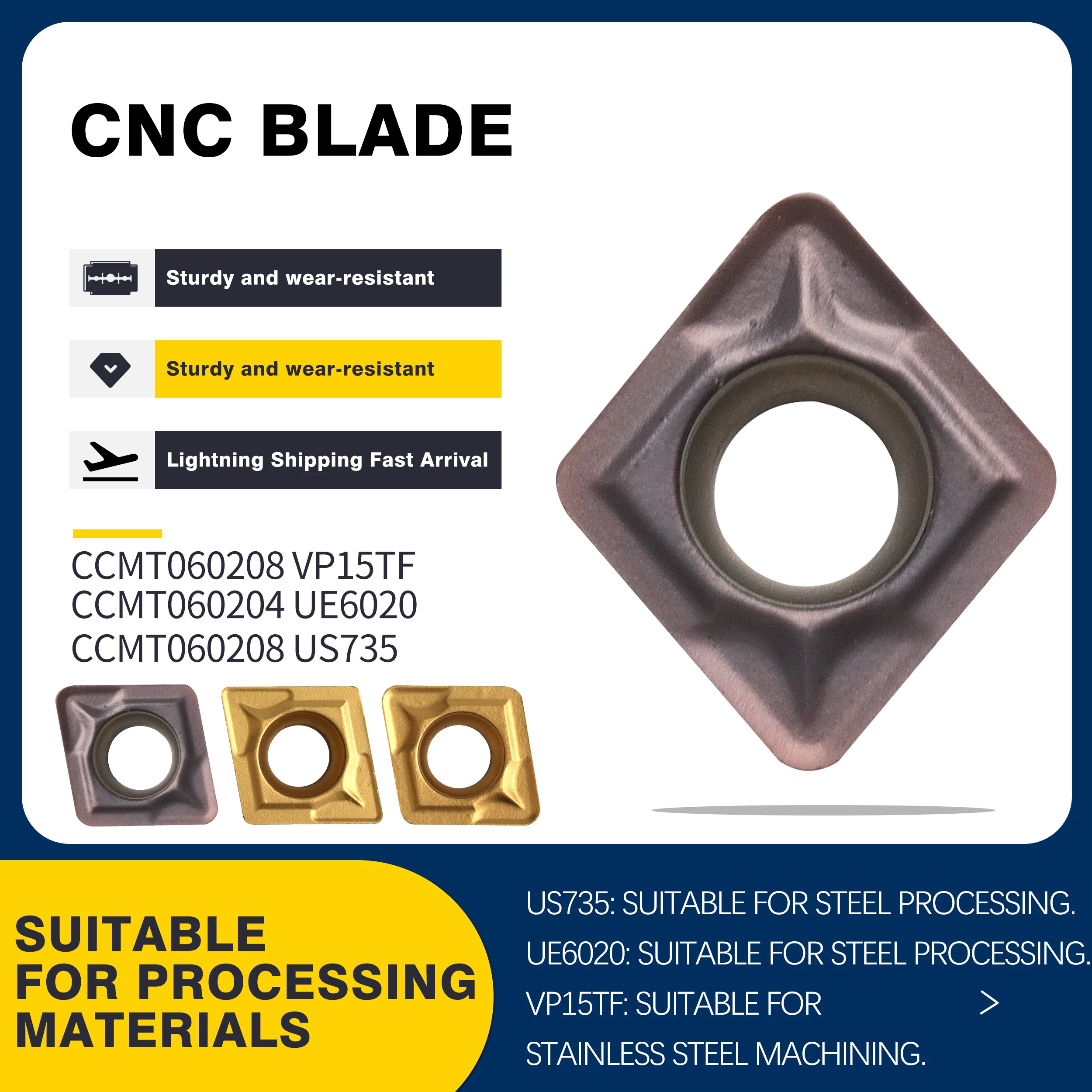 

CCMT060204 CCMT060208 VP15TF UE6020 US735 Carbide Inserts Metal Lathe Tools,CNC Lathe Cutting Blades, For Steel Stainless Steel