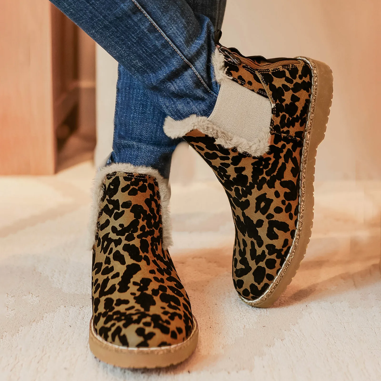 

Boots For Women Fashion Autumn Winter Leopard Cotton Warm Boots Slip On Low Heel Short Boots Female Shoes botas femininas